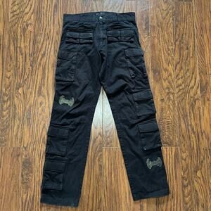 RARE Reaven Jet Black Multi Pocket Cargo Pants Streetwear Mens Size Medium (111)